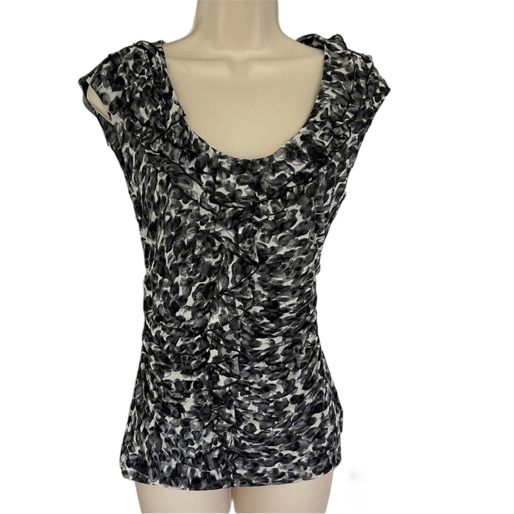 Classiques Entier Sleeveless Silk Ruffles Ruched Blouse Top Black White Medium